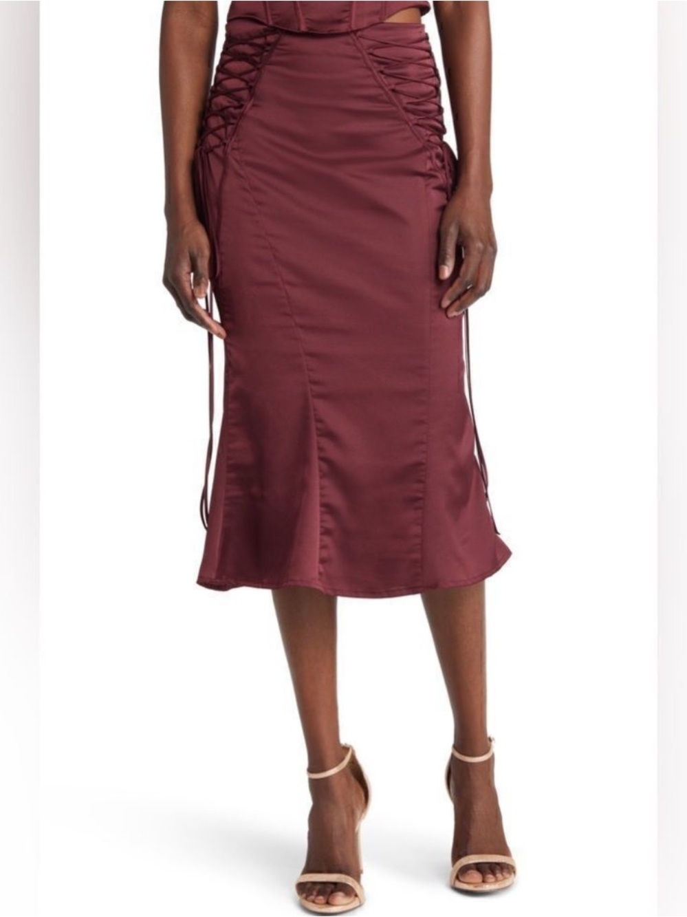 House of CB Sidonie Satin Midi Wine Red Skirt Lace Small